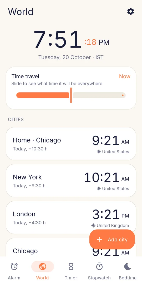 Clock screenshot: World clock
